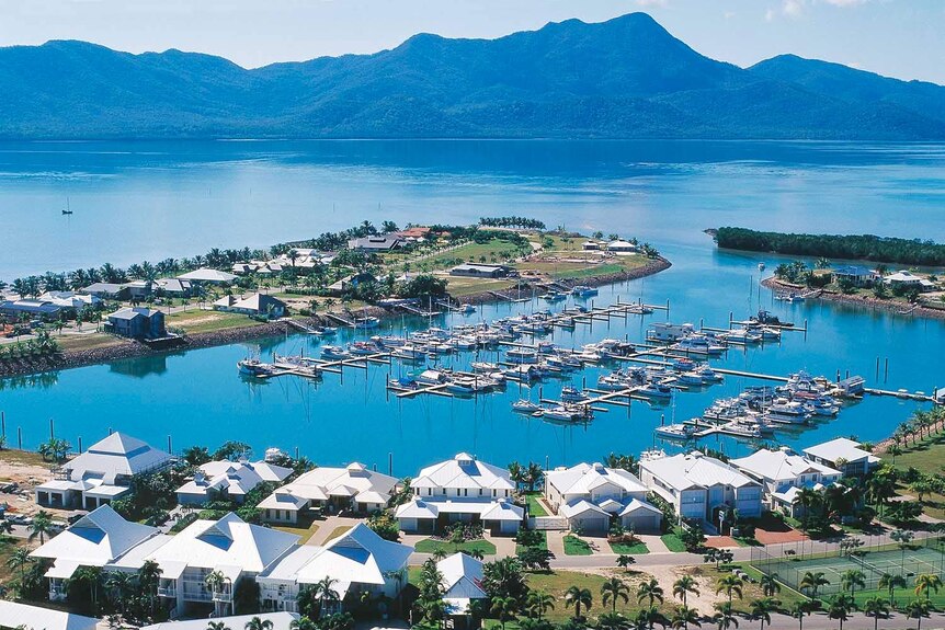Port Hinchinbrook marina and the surrounding bay as seen from the air