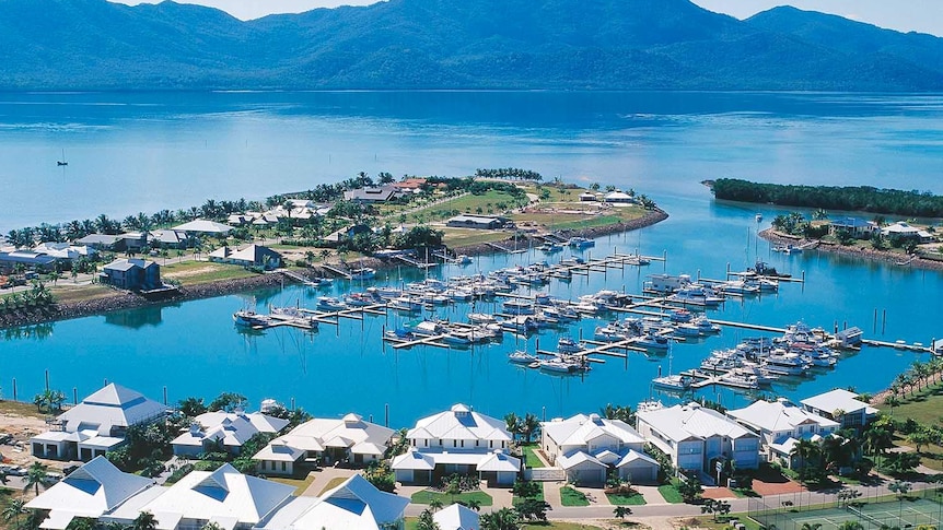 Port Hinchinbrook marina and the surrounding bay as seen from the air