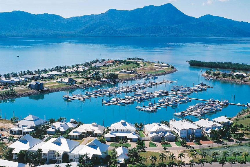 Port Hinchinbrook marina and the surrounding bay as seen from the air