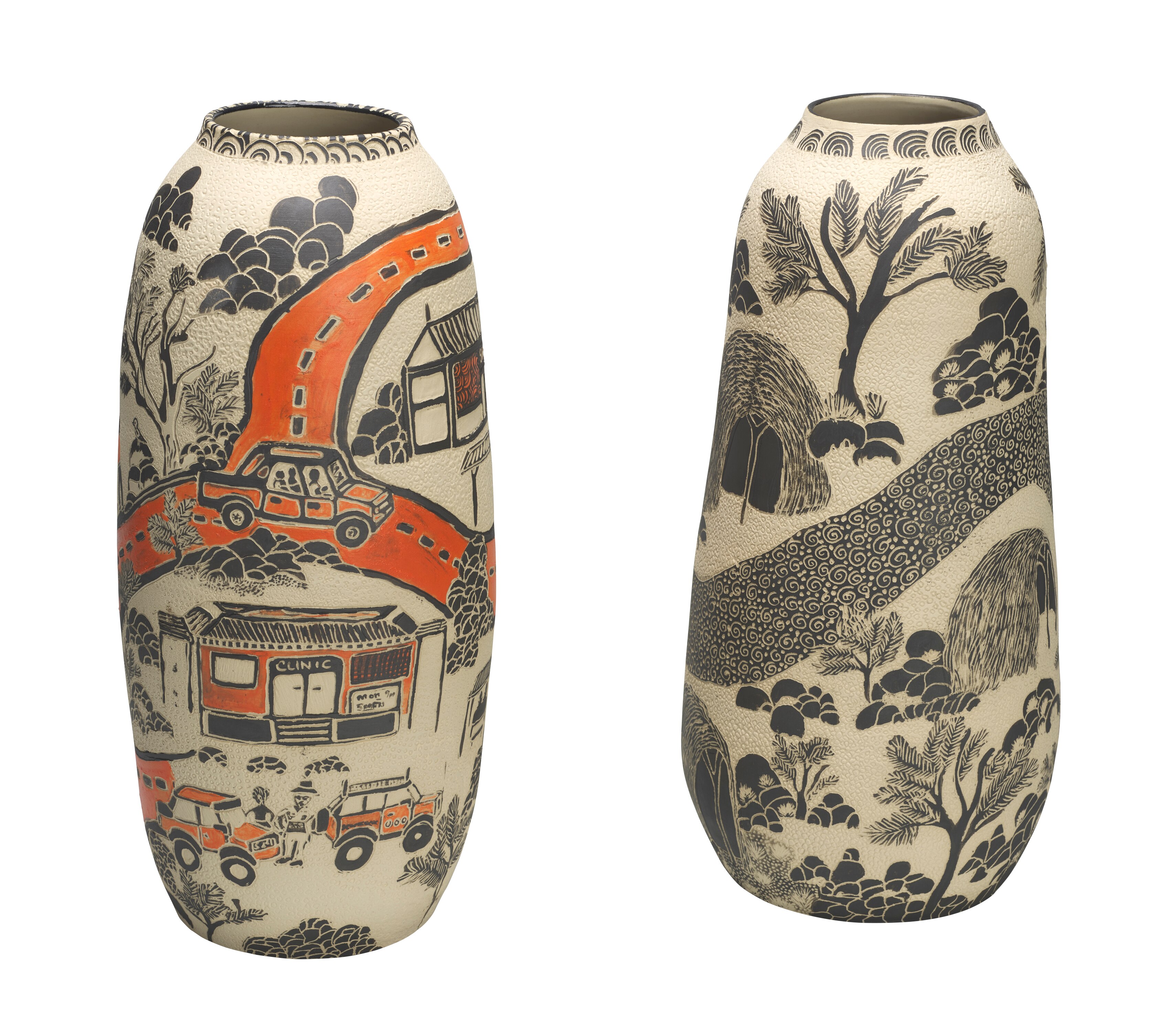 Two ceramic vessels intractely pained with cars and houses