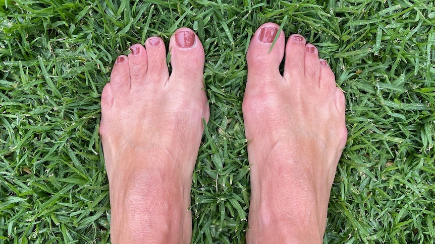 Monica's feet standing on green grass