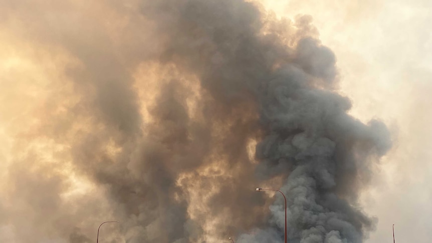 Black plumes of smoke rise above a road intersection in the bush
