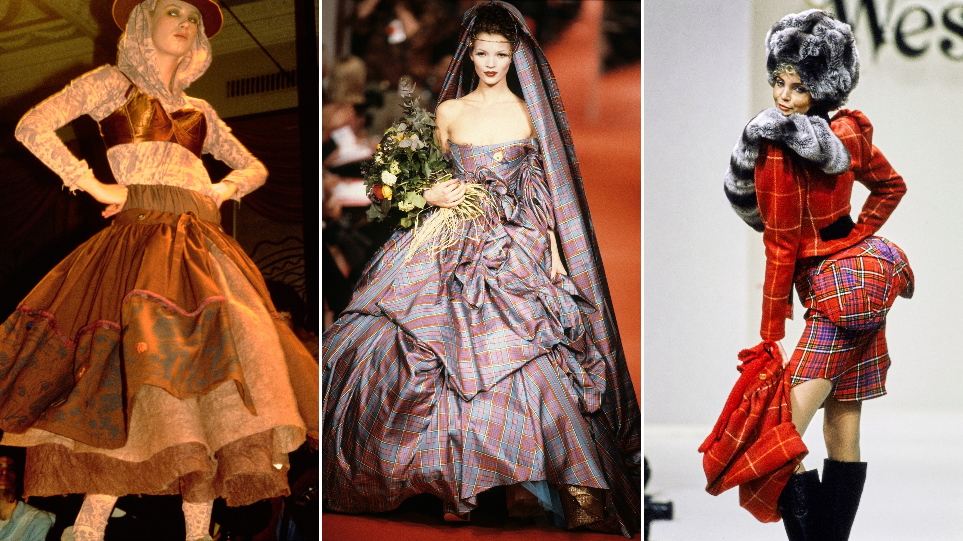 Imagen compuesta de tres supermodelos con trajes brillantes con rayas de tartán y caderas y nalgas exageradas.