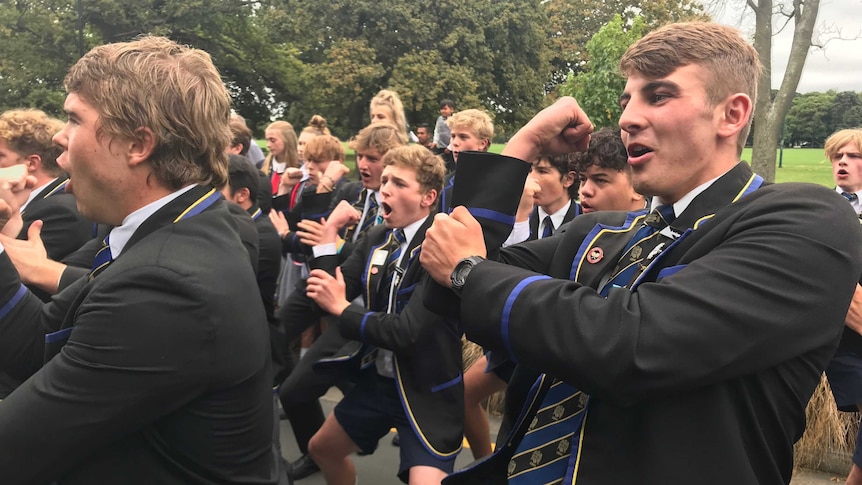 Christchurch Boys' High School students perform a haka in the street