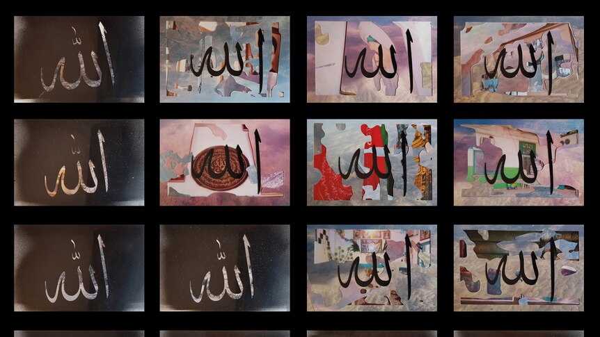 A 4 by 4 grid of same-sized horizontal-rectangle panels with Arabic script overlaid on stencil-cut collages.