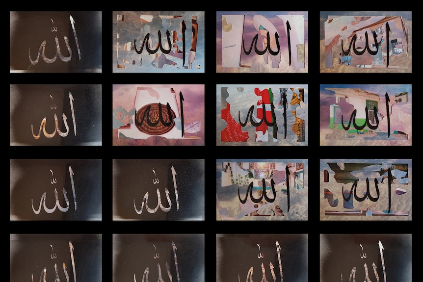 A 4 by 4 grid of same-sized horizontal-rectangle panels with Arabic script overlaid on stencil-cut collages.