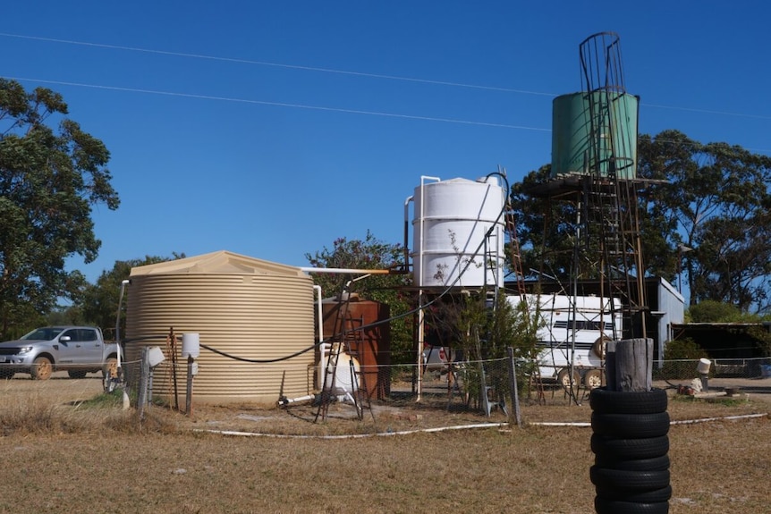 A tin water tank on a bush property.