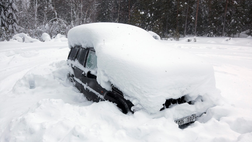 A snowed-in car is seen in the woods north of Umea in northern Sweden