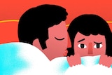 Illustration of man and woman in bed, woman with awkward expression