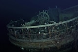 The front of the Endurance shipwreck, including its steeling wheel, found underwater.