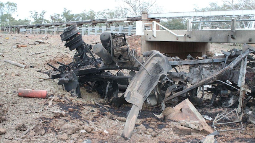 Wreckage of a truck that exploded near Charleville in south-west Qld