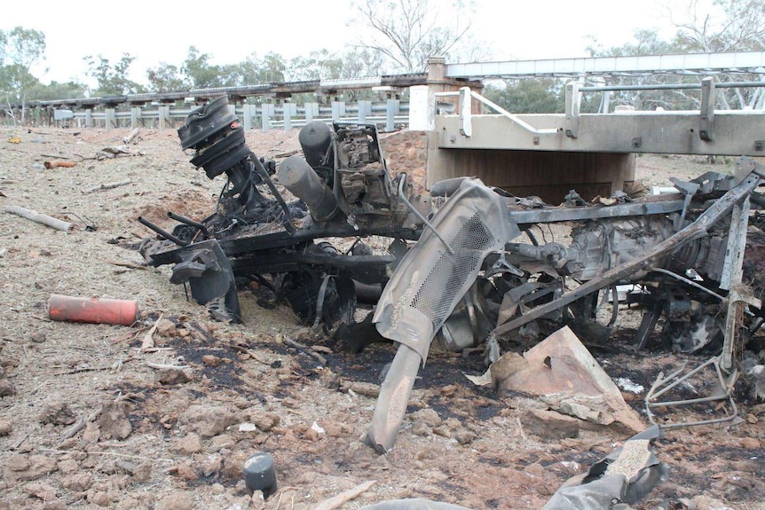Wreckage of a truck that exploded near Charleville in south-west Qld