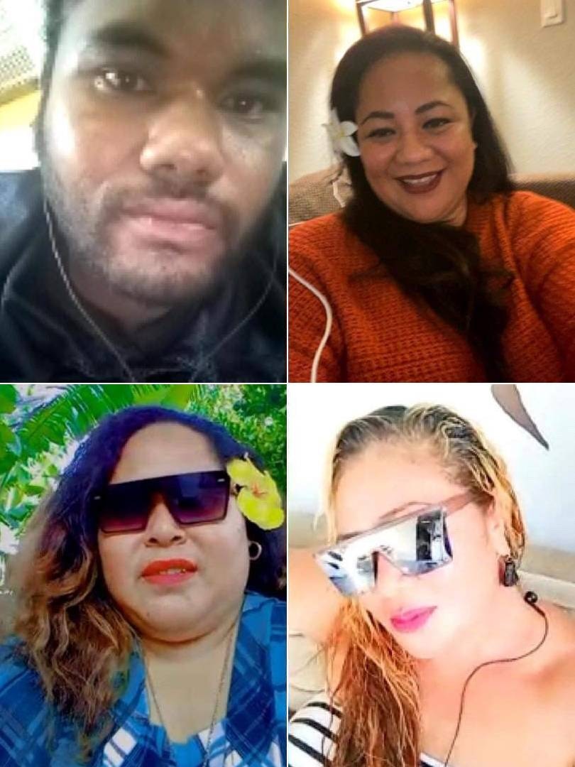 A screenshot of a video call featuring four people from a Tongan family.
