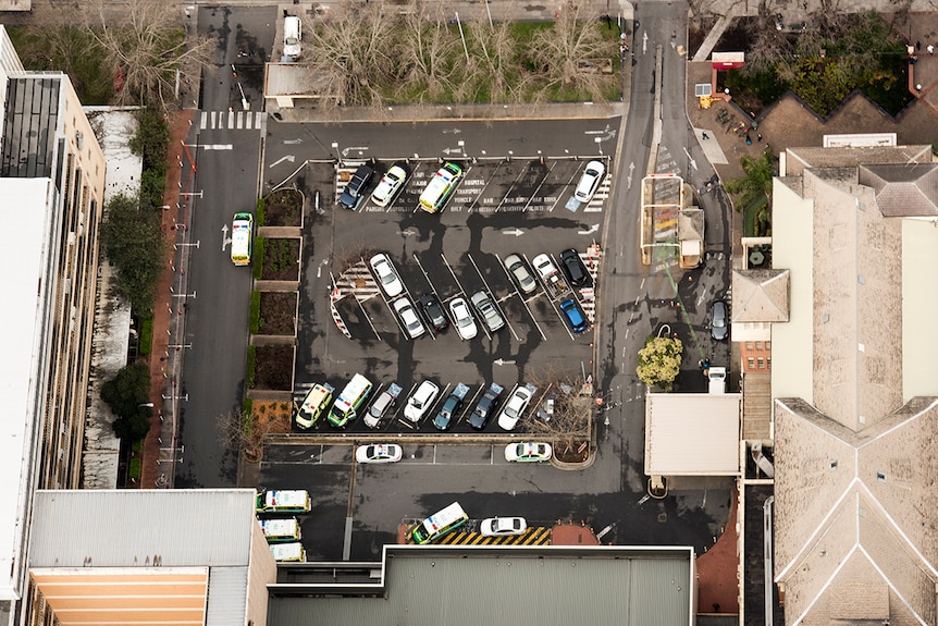 An aerial photo of ambulances parked at the old Royal Adelaide Hospital.