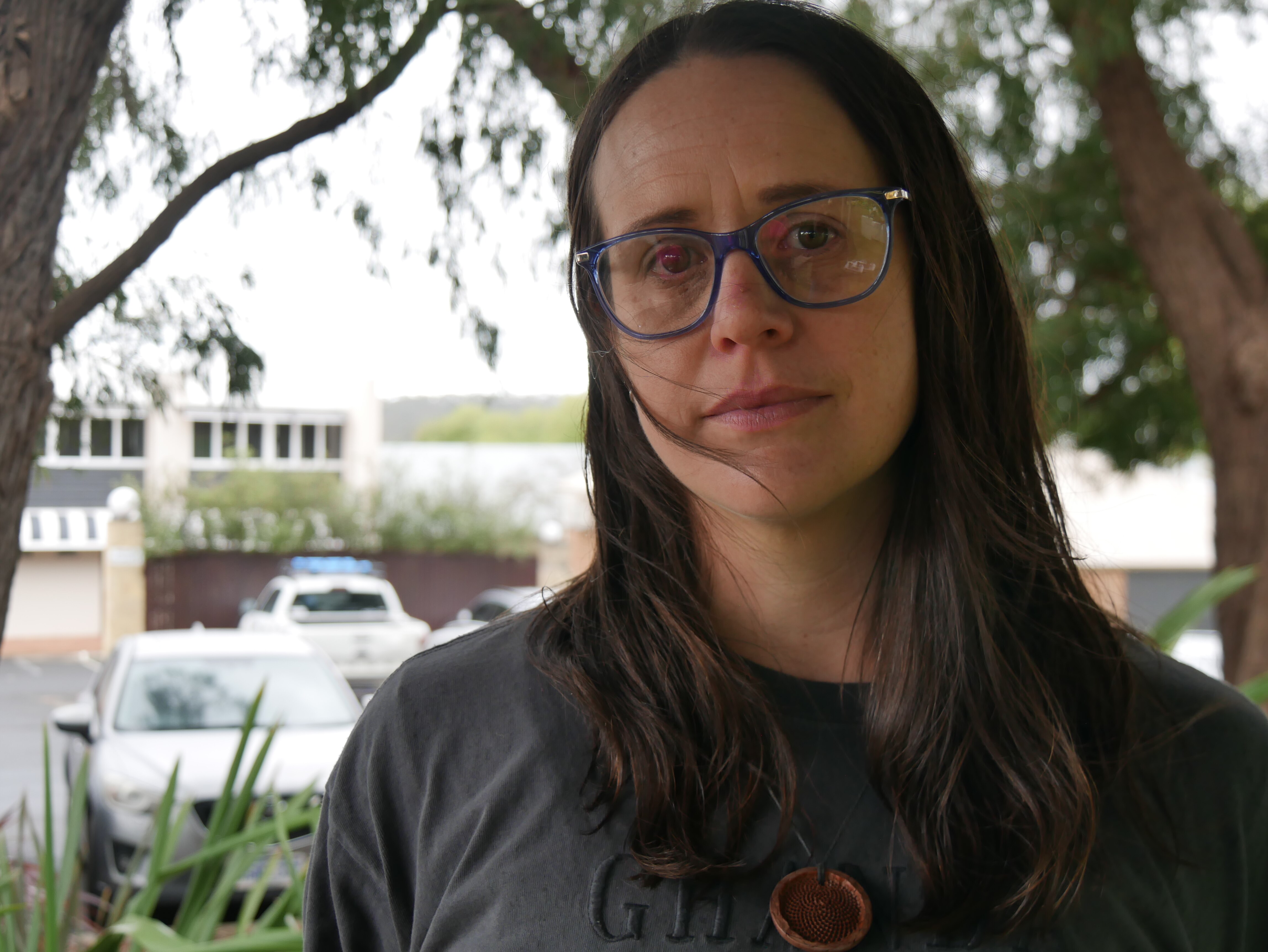 Erin Adsom at the por palestine rally in margaret river looks at the camera
