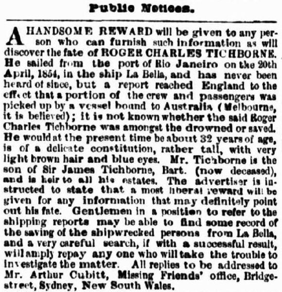 Old newspaper public notice reward for missing person Roger Charles Tichborne 