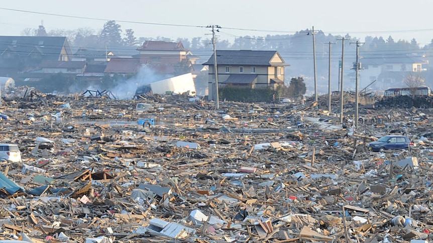 Debris covers large area in Miyagi after tsunami, quake