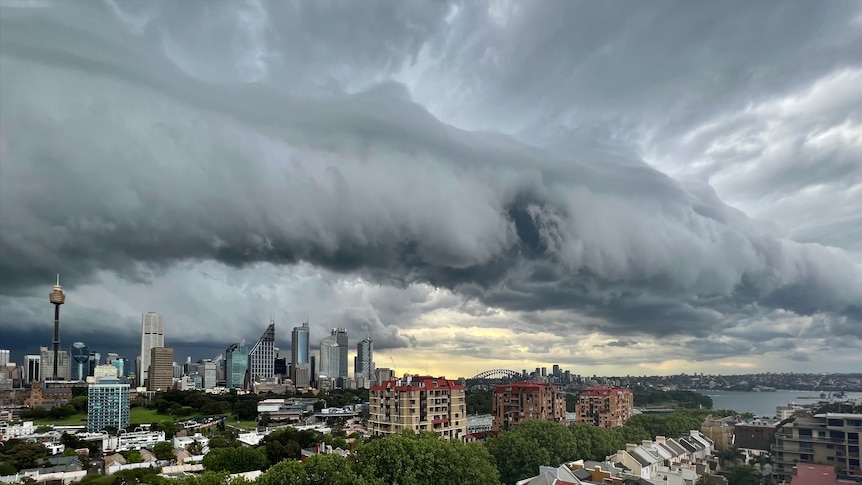 An ominous storm cloud looms over the city of Sydney