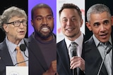 A composite image of Bill Gates, Kanye West, Elon Musk and Barack Obama.