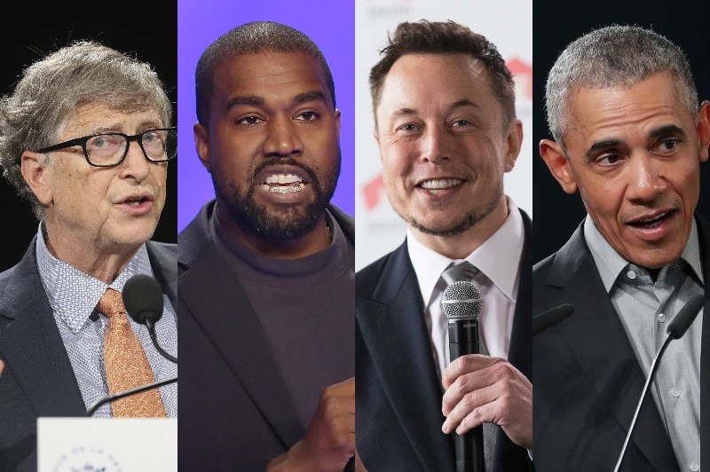 A composite image of Bill Gates, Kanye West, Elon Musk and Barack Obama.