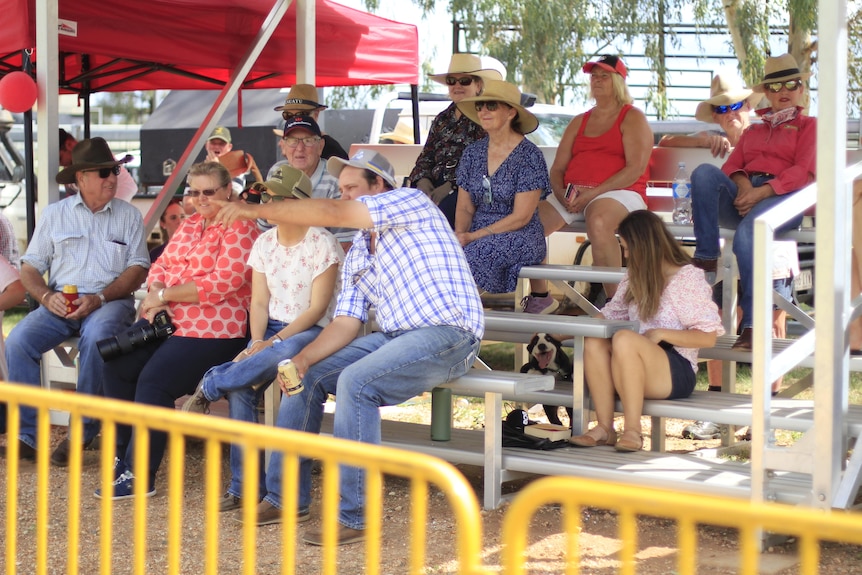 A crowd in the stands of a cricket match, eagerly watching.