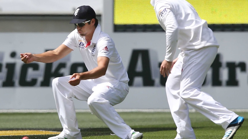 England captain Alastair Cook drops a catch in the slips on day four at the MCG.