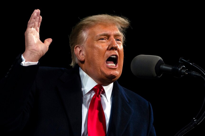 Donald Trump, dressed in a blue suit, white shirt and red tie, yells into a microphone and raises his right hand.