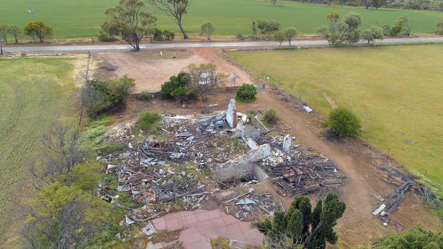 An aerial shot of a ruined house