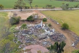 An aerial shot of a ruined house