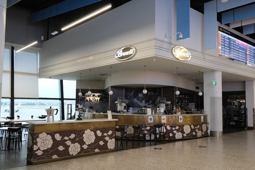 An empty cafe at a Melbourne Airport terminal.