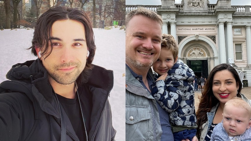 Composite image of a young man taking a selfie and parents with two children.