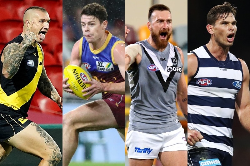Action shots of Dustin Martin, Lachie Neale, Charlie Dixon and Tom Hawkins arranged in one composite image