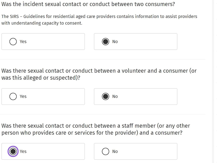 A prompt on a web page asks whether the incident of sexual assault was between two consumers (residents) of aged care.
