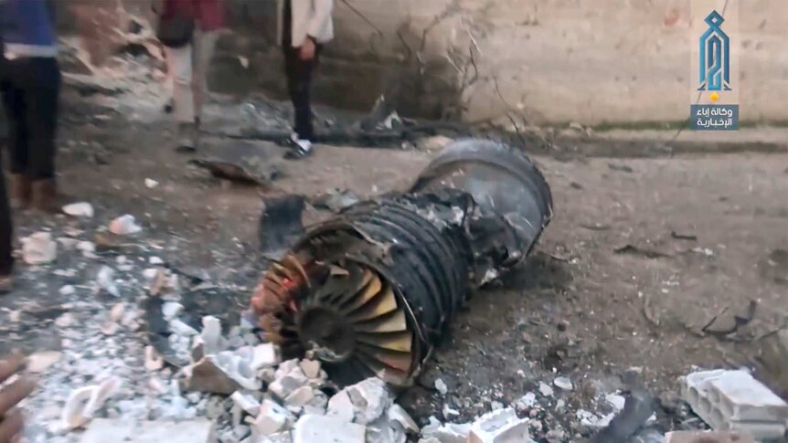 A part of a Russian plane that was shot down by rebel fighters over northwest Idlib province in Syria.