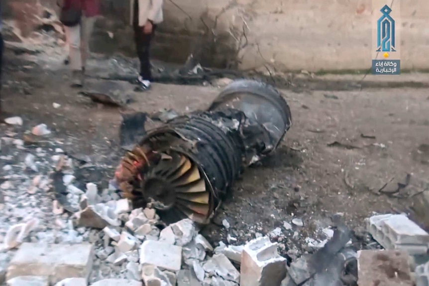 A part of a Russian plane that was shot down by rebel fighters over northwest Idlib province in Syria.