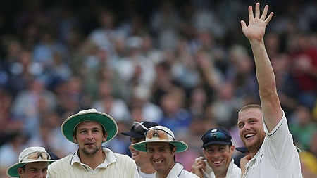 Andrew Flintoff celebrates five wickets at The Oval