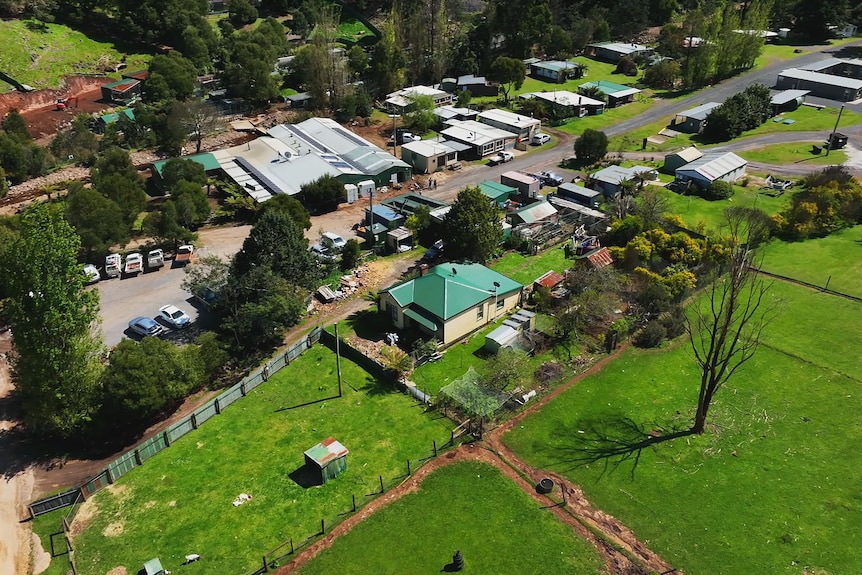 Aerial view of a cluster of commercial buildings and dwellings at the wildlife park.