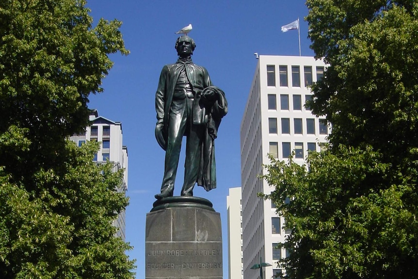 The statue of Christchurch's founding father John Robert Godley before it was toppled in the 2011 earthquake.