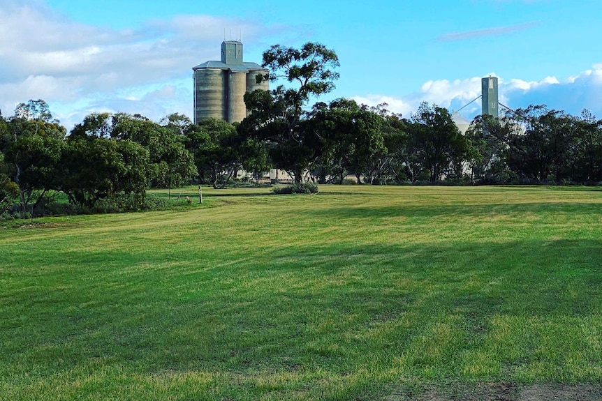 A green golf fairway with silos in background