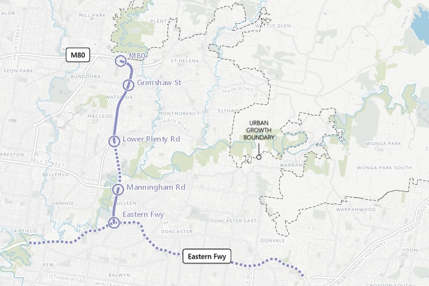 An image of the Corridor A option for the proposed North East Link project.