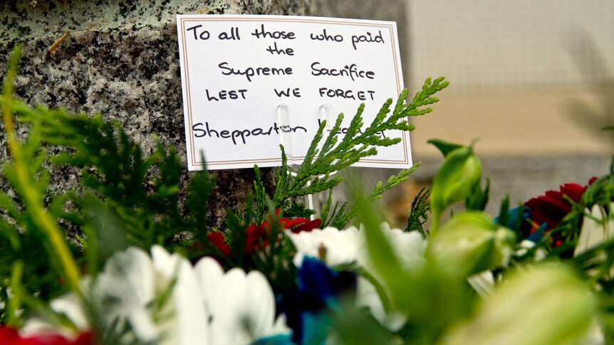 Message left with a wreath at the Remembrance Day Service in Shepparton, Victoria.