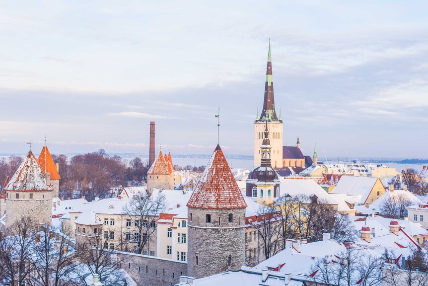 Rooftops covered in snow in Tallinn, Estonia