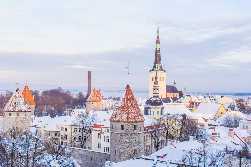 Rooftops covered in snow in Tallinn, Estonia