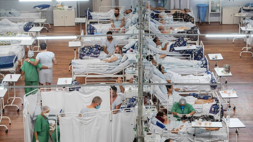 Patients lay in a row of hospital beds separated by white curtains.
