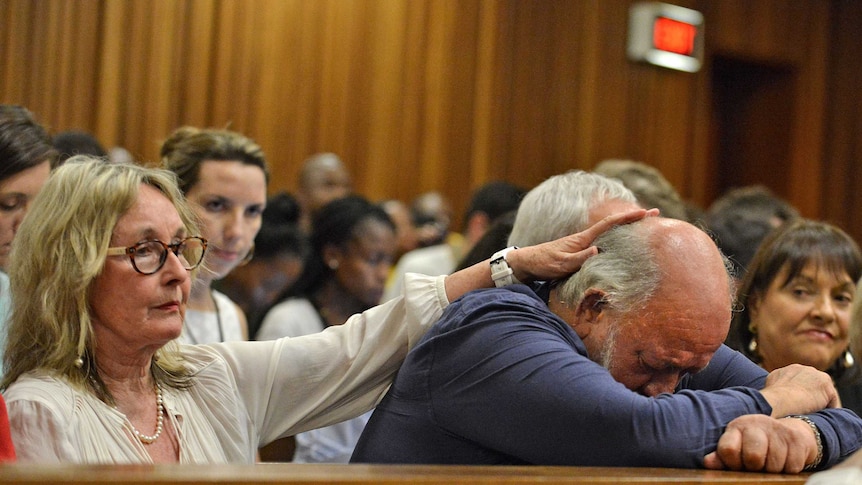 Barry Steenkamp, the father of Reeva Steenkamp, cries during the sentencing proceedings