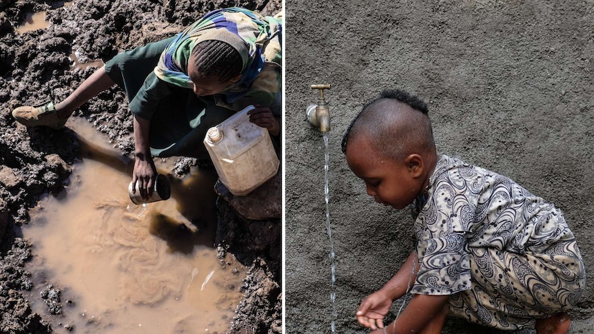 Two pictures side by side - a woman scooping dirty water from a puddle, a child getting clean water from a tap.