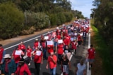 A large group of people in red shirts walk down a road