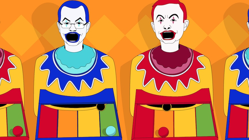 A cartoon of carnival clowns, with the faces of Scott Morrison and Anthony Albanese.