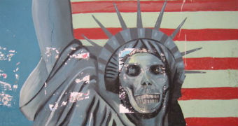 Anti-US graffiti depicts Statue of Liberty with skull replacing the face.