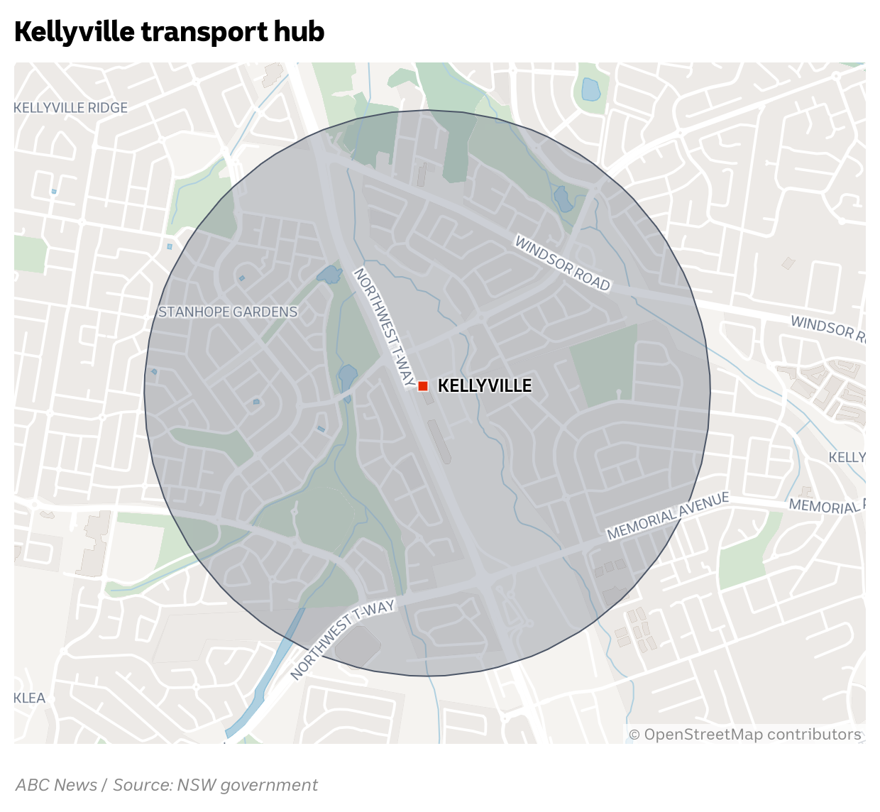 Map showing 1200m zone around Kellyville station.